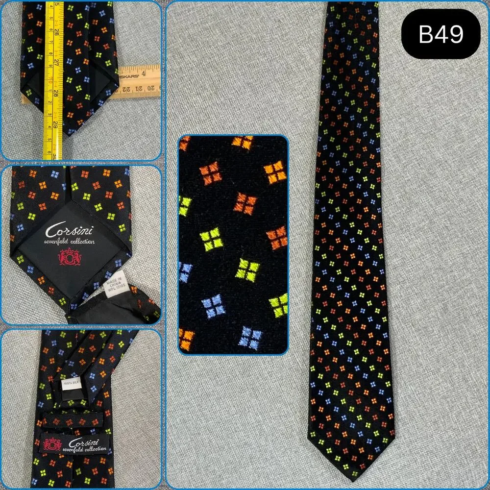 Sevenfold 100% Silk Necktie Black Multicolor Geometric Foulard Corsini Tie